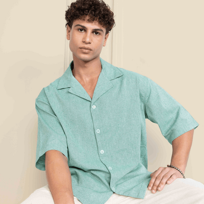 Box Fit Cuban Collar Shirt For Men | Sea Green | Verified Sustainable by Brown Living™