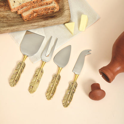 Brass 4 - piece Cheese Knife Set | Punkh - Feather Handle | Verified Sustainable by Brown Living™
