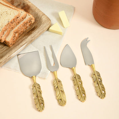 Brass 4 - piece Cheese Knife Set | Punkh - Feather Handle | Verified Sustainable by Brown Living™
