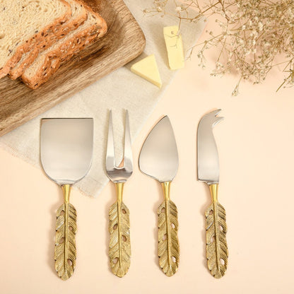 Brass 4 - piece Cheese Knife Set | Punkh - Feather Handle | Verified Sustainable by Brown Living™