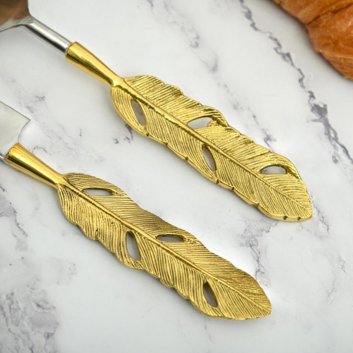 Brass Cake And Knife Server Set | Punkh - Feather Handle – Kitchen Tools by Pravaah India available on Brown Living™. . SKU: PRA/23/HD012. Img 11.