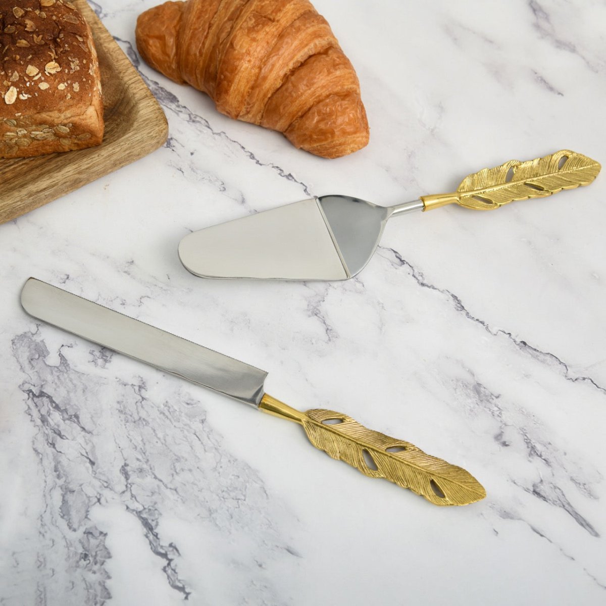 Brass Cake And Knife Server Set | Punkh - Feather Handle – Kitchen Tools by Pravaah India available on Brown Living™. . SKU: PRA/23/HD012. Img 13.