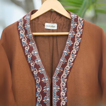 Brown Fine Wool Embroidered Overlay Jacket | Verified Sustainable by Brown Living™