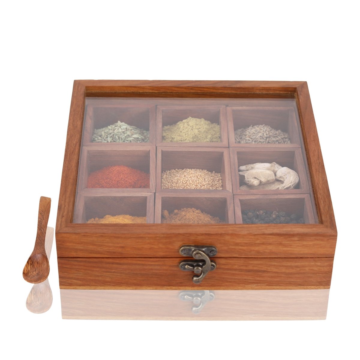 Brown Wooden Spice Box - 9 Containers & Spoon | Verified Sustainable by Brown Living™