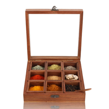 Brown Wooden Spice Box - 9 Containers & Spoon | Verified Sustainable by Brown Living™