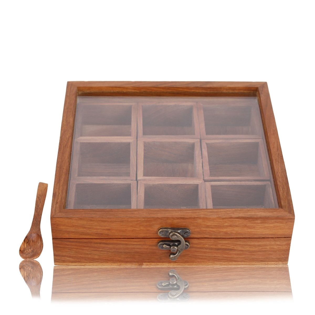 Brown Wooden Spice Box - 9 Containers & Spoon | Verified Sustainable by Brown Living™