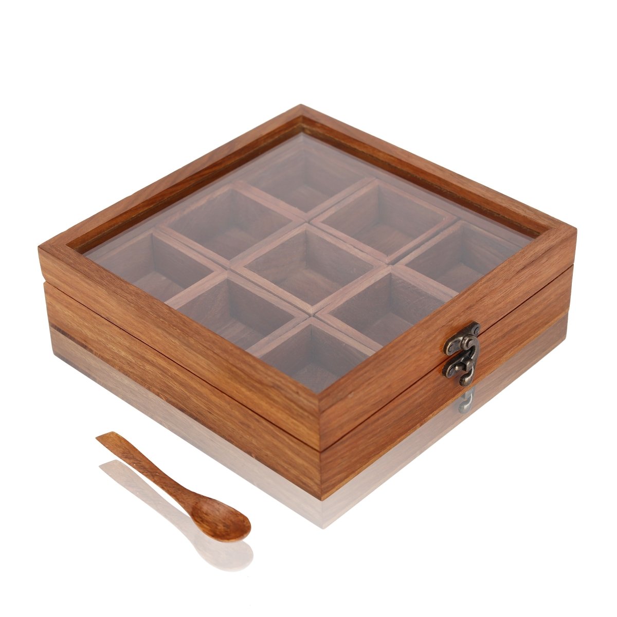 Brown Wooden Spice Box - 9 Containers & Spoon | Verified Sustainable by Brown Living™