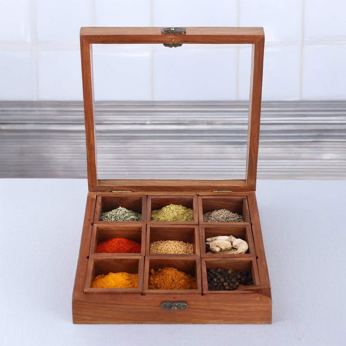 Brown Wooden Spice Box - 9 Containers & Spoon | Verified Sustainable by Brown Living™