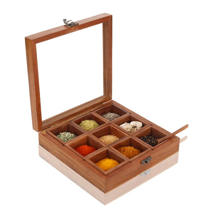 Brown Wooden Spice Box - 9 Containers & Spoon | Verified Sustainable by Brown Living™