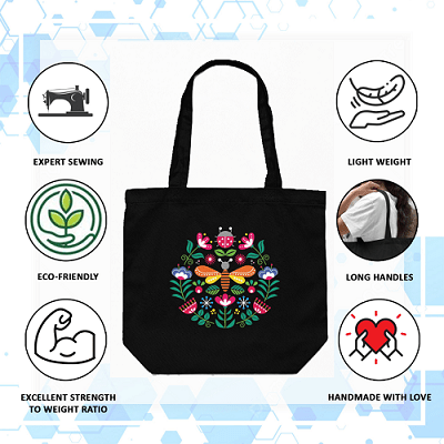 Butterfly Bee Black Canvas Tote – Lightweight Zipper Bag | Verified Sustainable by Brown Living™