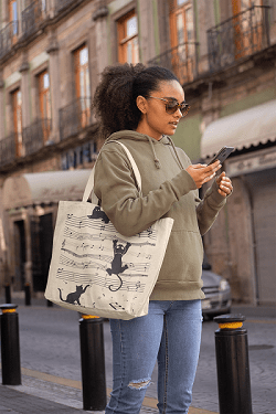Cat Music White Canvas Tote – Stylish Cotton Handbag | Verified Sustainable by Brown Living™