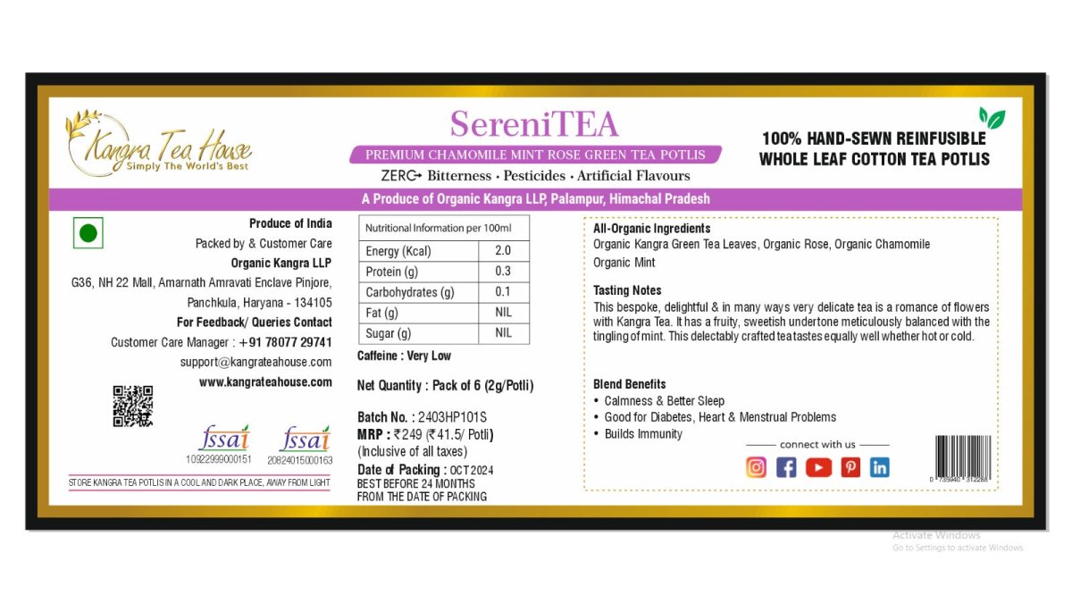 Chamomile Mint Rose Green Tea - 100% Hand - Sewn Premium Cotton Tea Bags (Kangra Tea House SeriniTEA Pack of 6 Reinfusible Potlis) | Verified Sustainable by Brown Living™