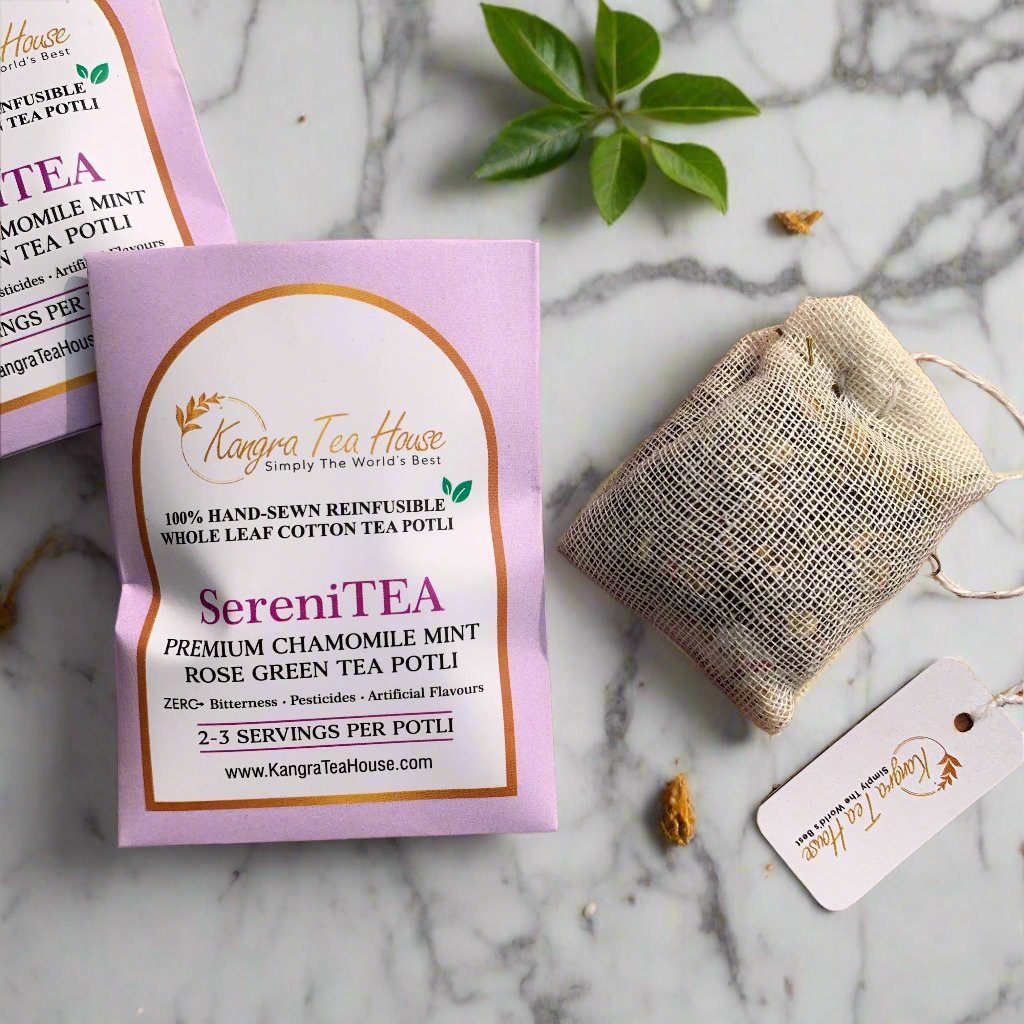 Chamomile Mint Rose Green Tea - 100% Hand - Sewn Premium Cotton Tea Bags (Kangra Tea House SeriniTEA Pack of 6 Reinfusible Potlis) | Verified Sustainable by Brown Living™