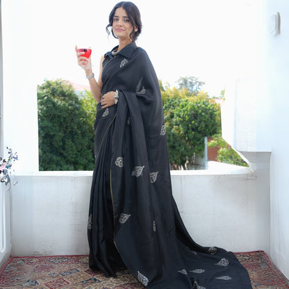 Chandi Ki Saree - Black Silver Butta Silk Saree | Verified Sustainable by Brown Living™