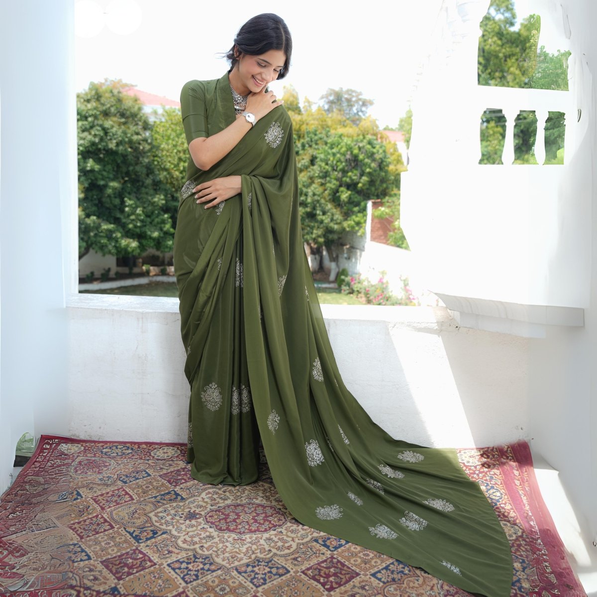 Chandi Ki Saree - Olive Green Silver Boota Silk Saree | Verified Sustainable by Brown Living™