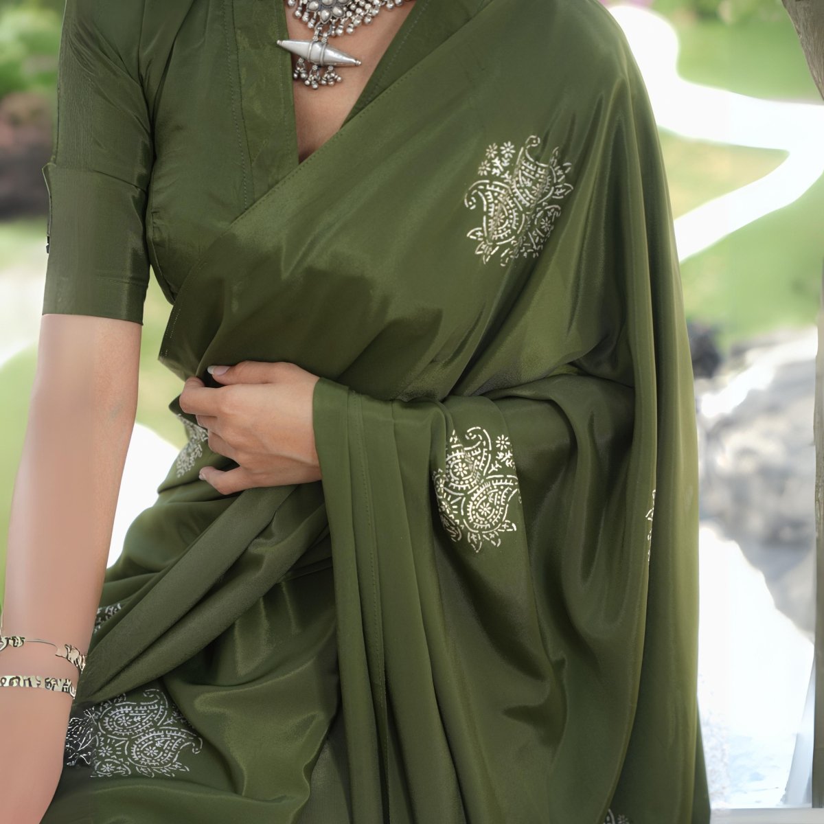 Chandi Ki Saree - Olive Green Silver Boota Silk Saree | Verified Sustainable by Brown Living™