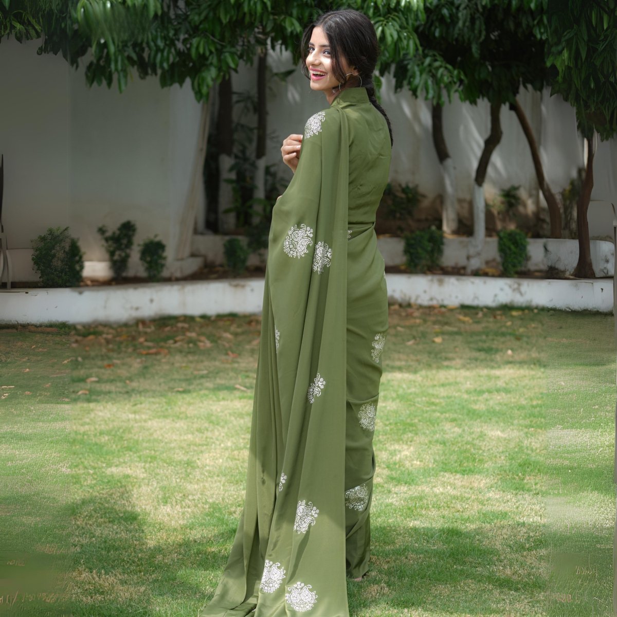 Chandi Ki Saree - Olive Green Silver Boota Silk Saree | Verified Sustainable by Brown Living™