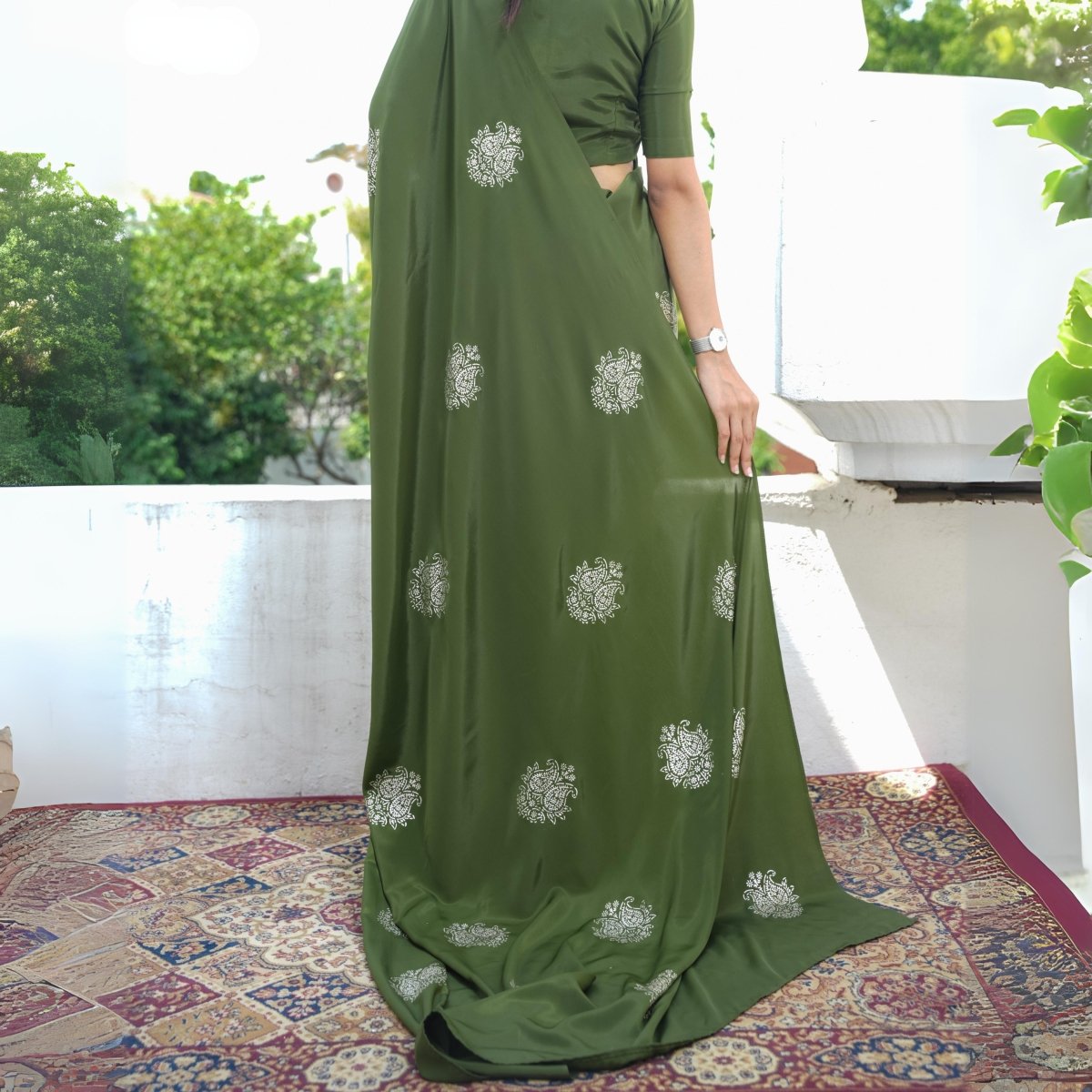 Chandi Ki Saree - Olive Green Silver Boota Silk Saree | Verified Sustainable by Brown Living™