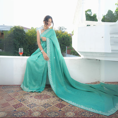 Chandi Ki Saree - Turquoise Blue Silver Border Silk Saree | Verified Sustainable by Brown Living™
