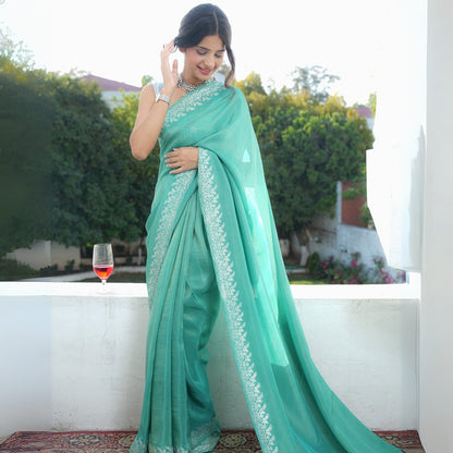 Chandi Ki Saree - Turquoise Blue Silver Border Silk Saree | Verified Sustainable by Brown Living™