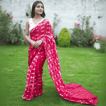 Cherry Cotton Tye & Dye Saree – Womens Saree by October available on Brown Living™. . SKU:  SR - CT/PP003 - PK. Img 1.