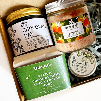 Citrusy Chocolate Gift Hamper - Chocolate Candle & Lip Scrub + Soap + Bath & Foot Soak | Verified Sustainable by Brown Living™