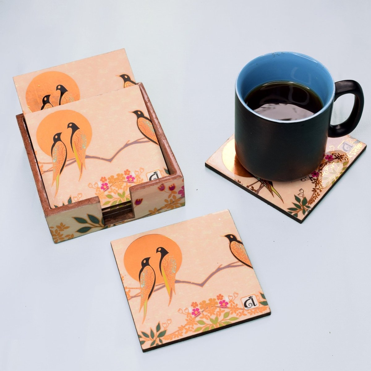 Classic Bird Coasters |Set of 6 with Holder | Verified Sustainable by Brown Living™