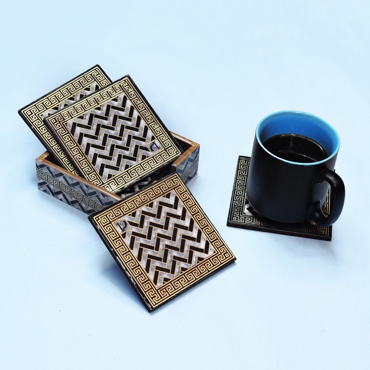 Classic Monochrome Pattern Coasters | Set of 6 with Holder | Verified Sustainable by Brown Living™