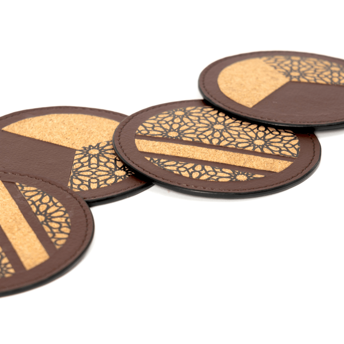 Coasters Set of 4 – Apple Leather & Printed Cork (Maroon) | Verified Sustainable by Brown Living™