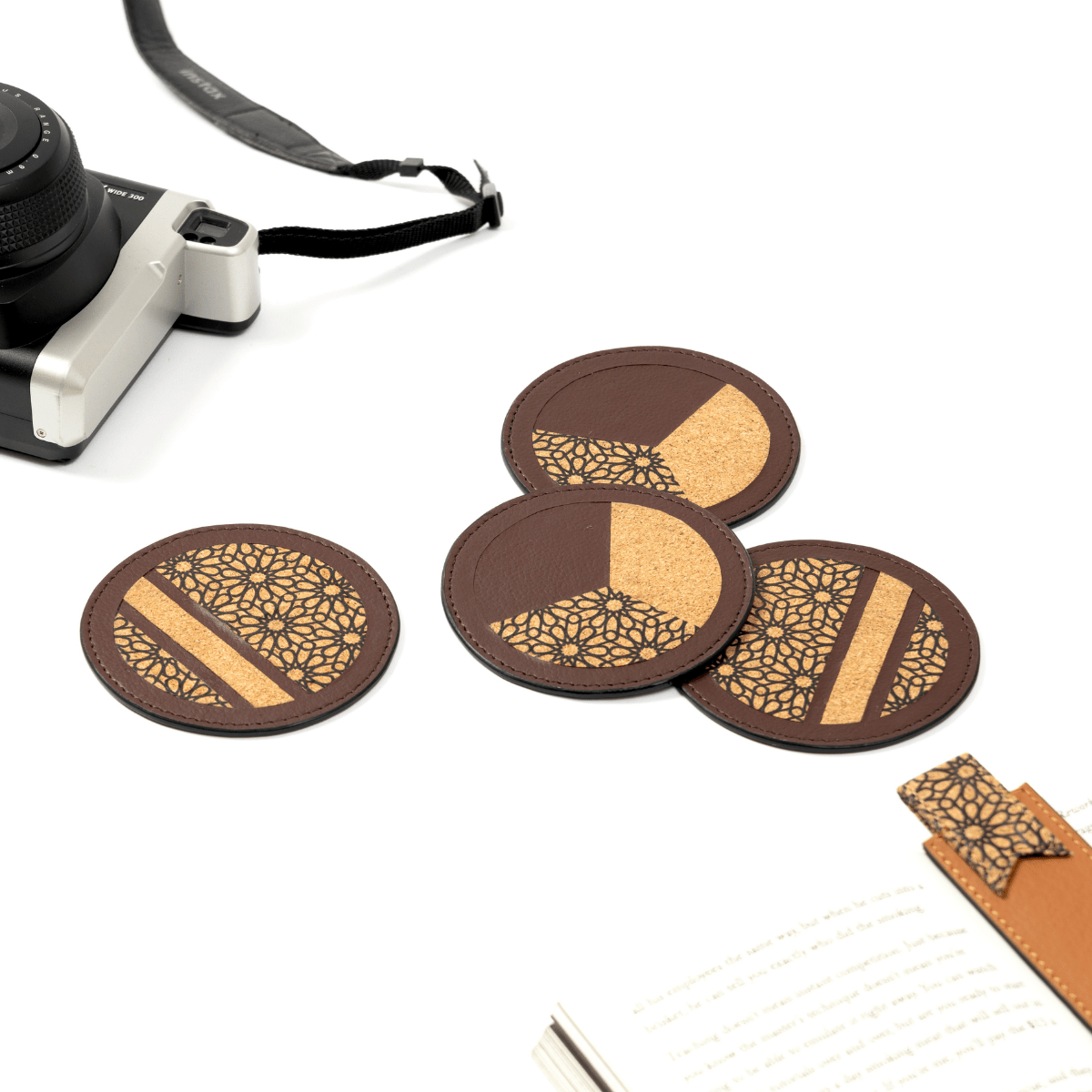 Coasters Set of 4 – Apple Leather & Printed Cork (Maroon) | Verified Sustainable by Brown Living™