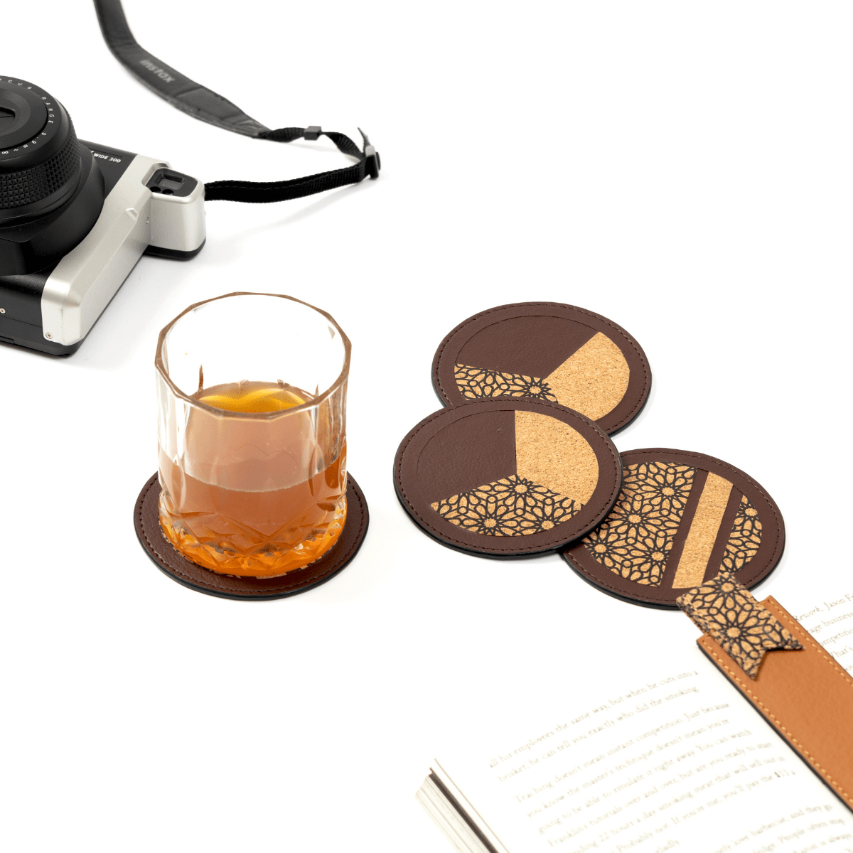 Coasters Set of 4 – Apple Leather & Printed Cork (Maroon) | Verified Sustainable by Brown Living™