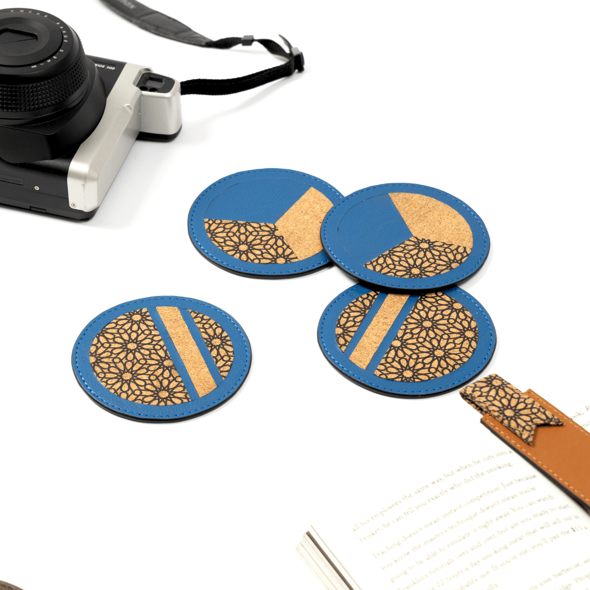 Coasters Set of 4 – Banana Leather & Printed Cork (Blue) | Verified Sustainable by Brown Living™