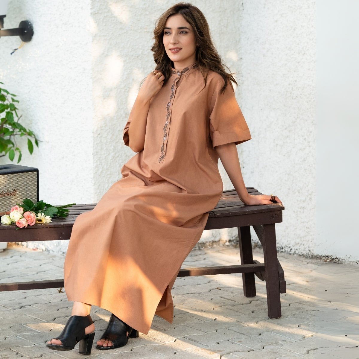Coffee caramel Handpainted straight cotton Dress | Verified Sustainable by Brown Living™