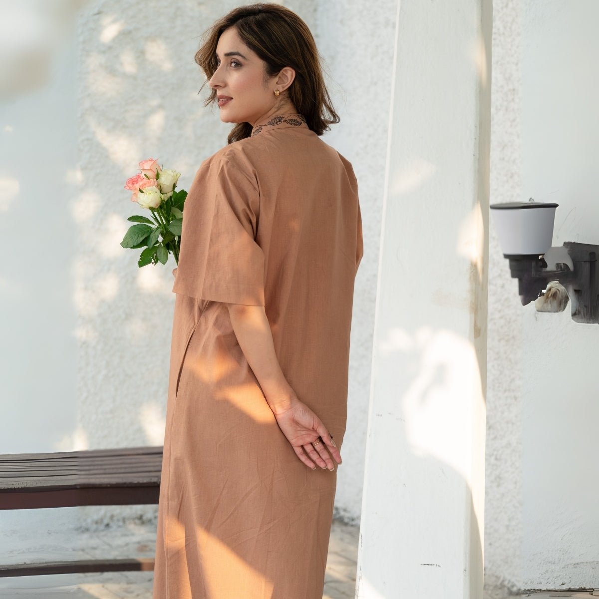 Coffee caramel Handpainted straight cotton Dress | Verified Sustainable by Brown Living™