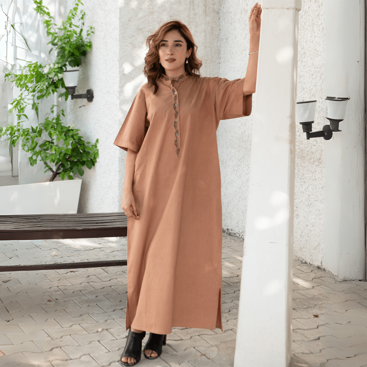 Coffee caramel Handpainted straight cotton Dress | Verified Sustainable by Brown Living™