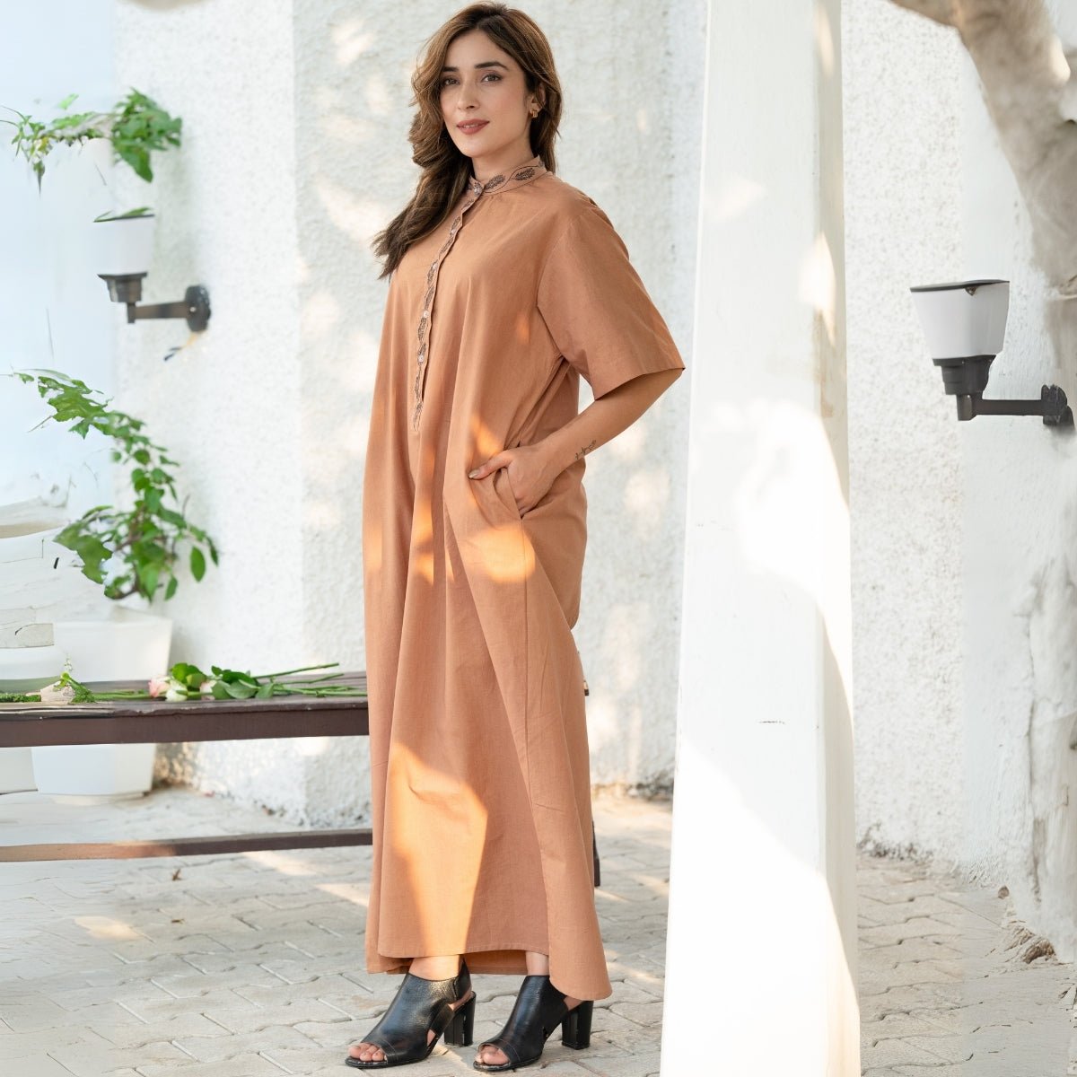 Coffee caramel Handpainted straight cotton Dress | Verified Sustainable by Brown Living™