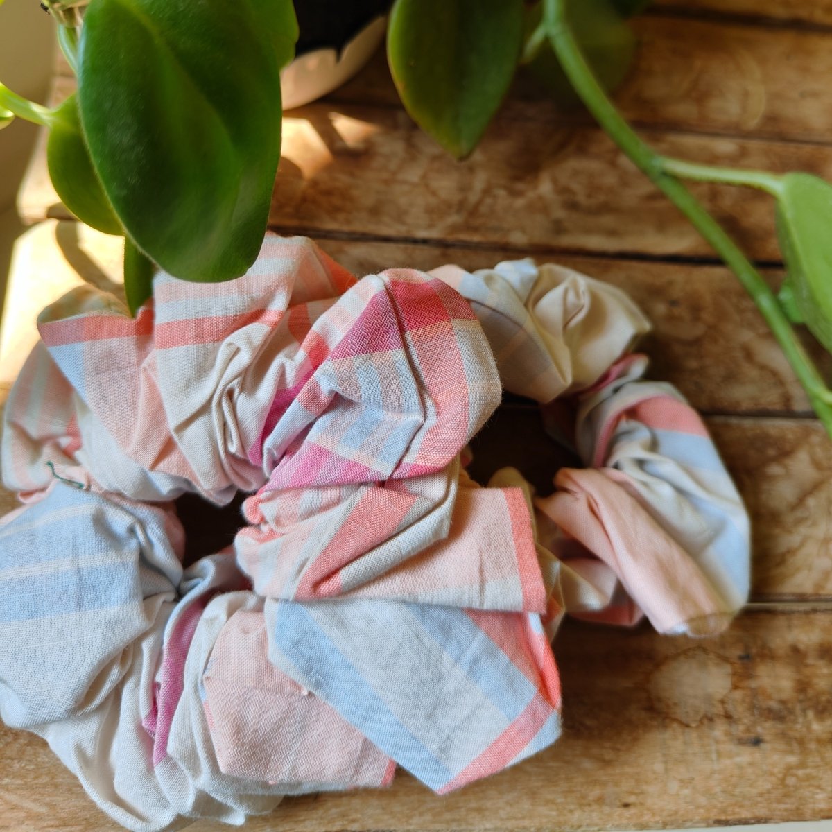 Cotton Cream Checks Scrunchie | Stylish & Eco - Friendly Hair Tie | Verified Sustainable by Brown Living™