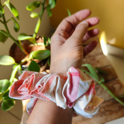 Cotton Cream Checks Scrunchie | Stylish & Eco - Friendly Hair Tie | Verified Sustainable by Brown Living™