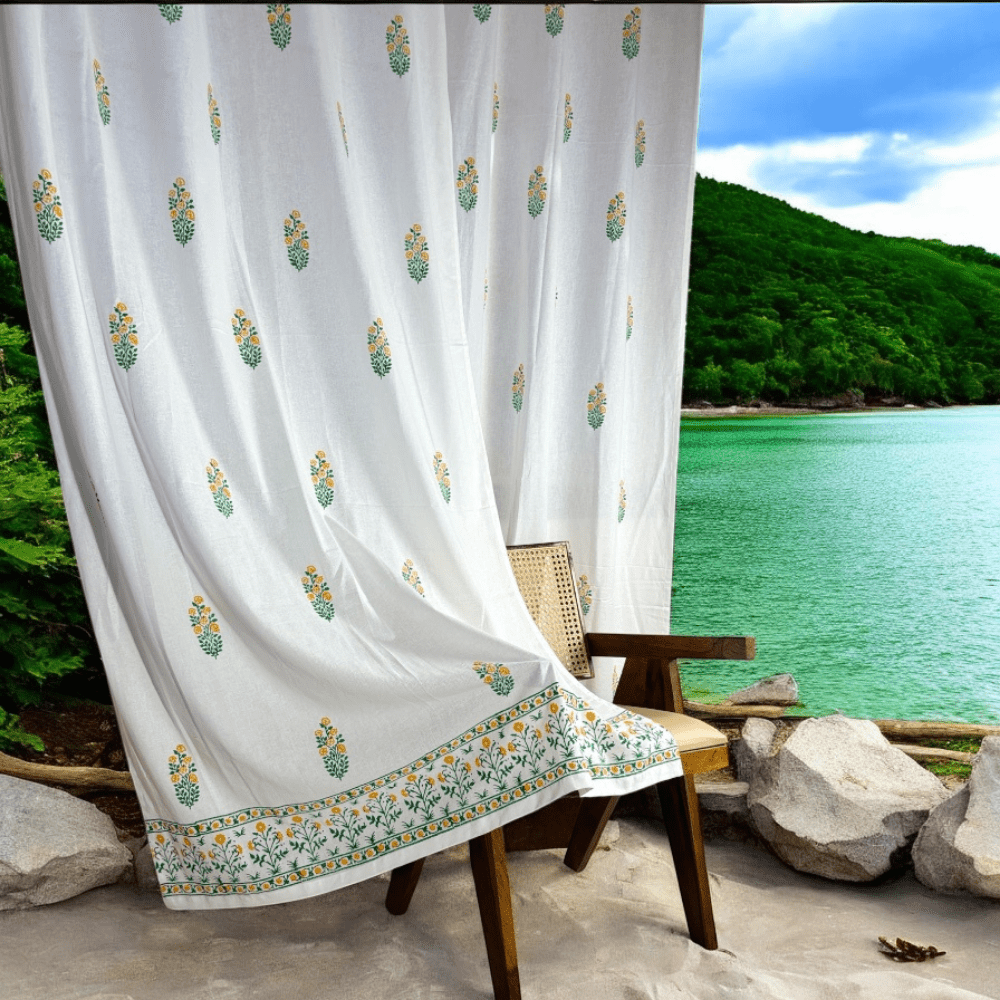 Cotton Curtains for Door – 7 Ft – Set of 2 – Mughal Floral Handblock | Verified Sustainable by Brown Living™