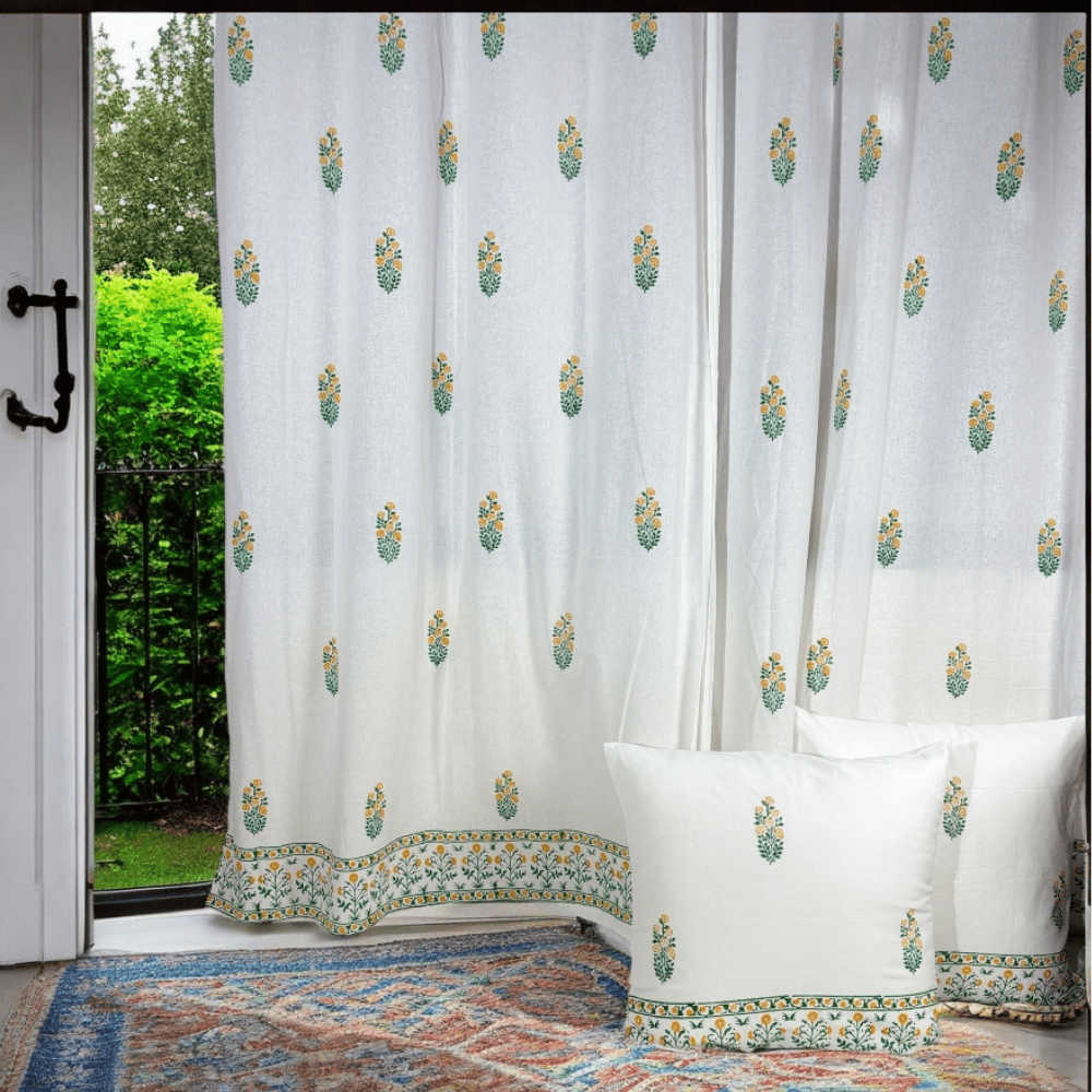 Cotton Curtains for Door – 7 Ft – Set of 2 – Mughal Floral Handblock | Verified Sustainable by Brown Living™