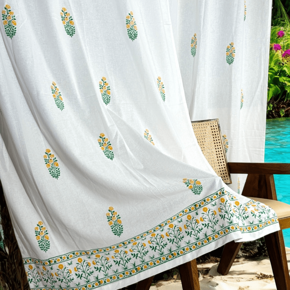 Cotton Curtains for Door – 7 Ft – Set of 2 – Mughal Floral Handblock | Verified Sustainable by Brown Living™