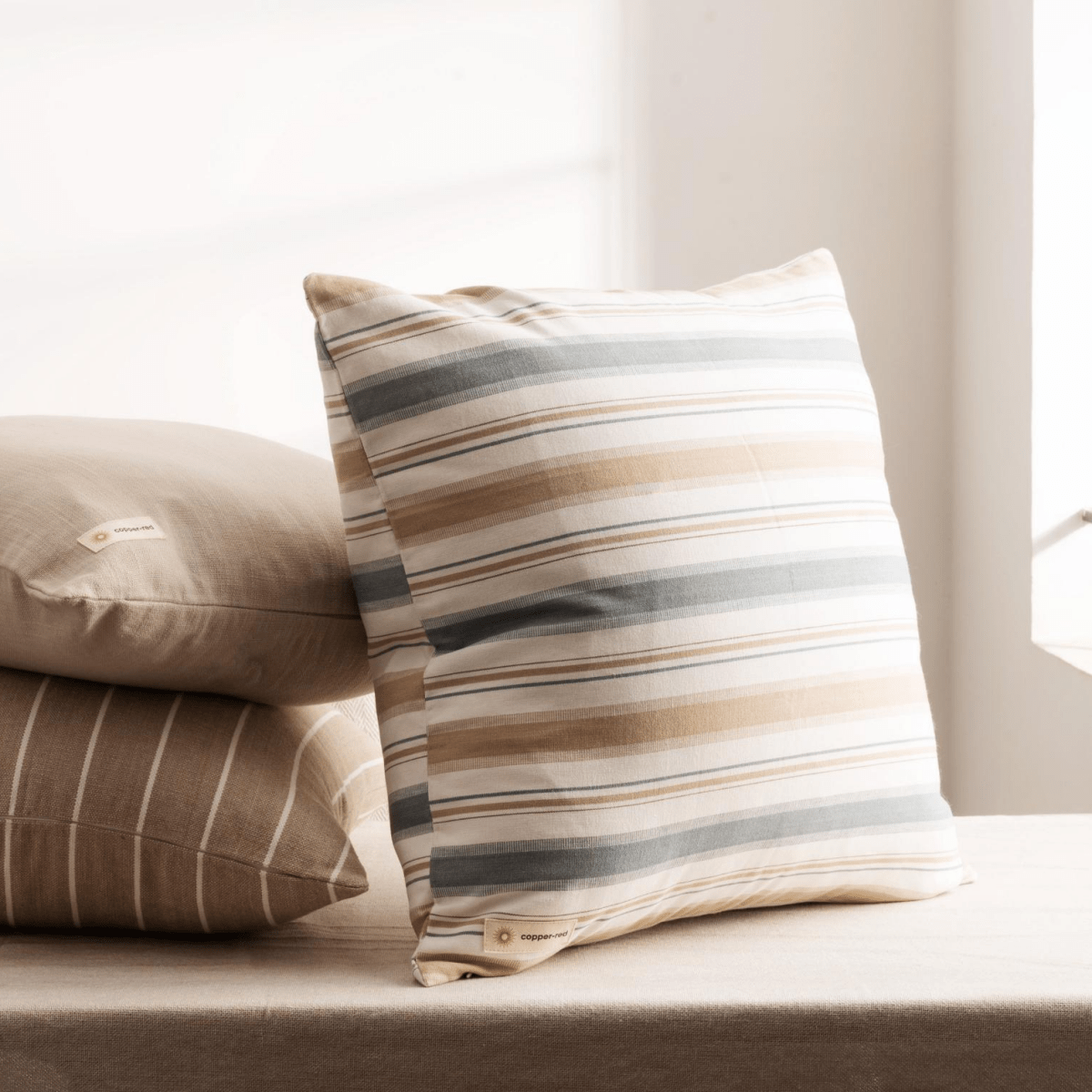 Cotton Cushion Cover | Montauk | Stripe Pattern | Blue & Brown | Verified Sustainable by Brown Living™