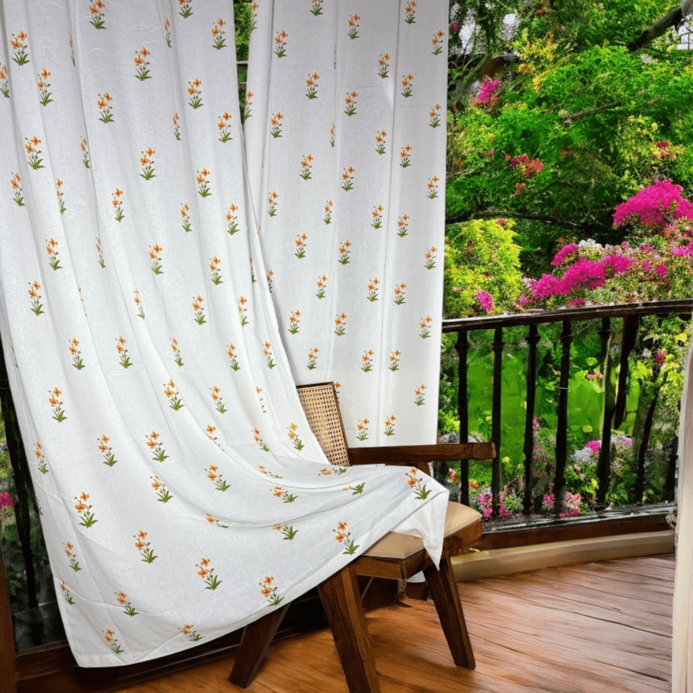 Cotton Door Curtains – 7 Ft – Set of 2 – Floral Design – Semi Sheer | Verified Sustainable by Brown Living™