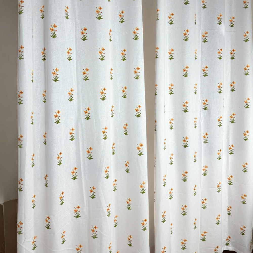 Cotton Door Curtains – 7 Ft – Set of 2 – Floral Design – Semi Sheer | Verified Sustainable by Brown Living™