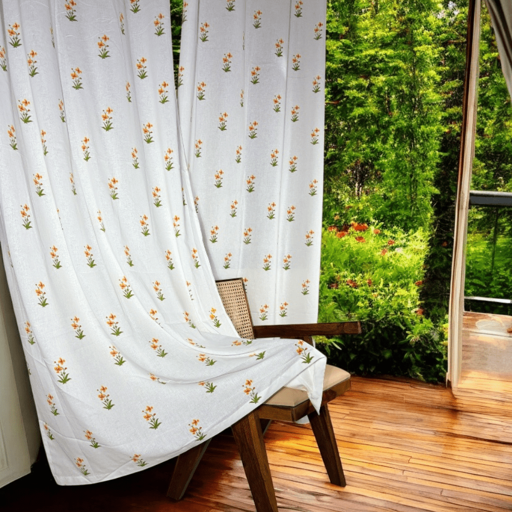 Cotton Door Curtains – 7 Ft – Set of 2 – Floral Design – Semi Sheer | Verified Sustainable by Brown Living™