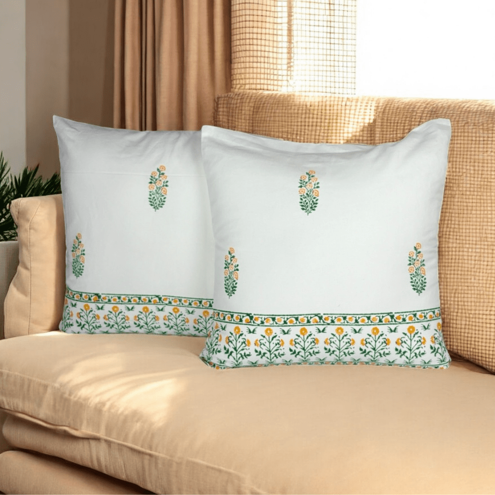 Cotton Handblock Cushion Covers Set of 2 – 24x24 – White & Durable | Verified Sustainable by Brown Living™