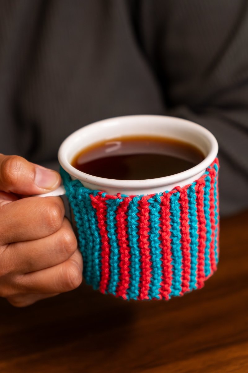 Cotton Mug Warmer – Reusable, Eco - Friendly & Handcrafted – Beverage Accessories by Naram available on Brown Living™. Blue Red . SKU: MWC - 03. Img 7.
