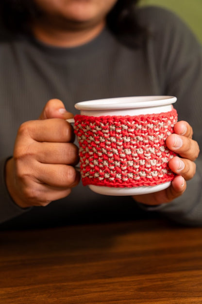 Cotton Mug Warmer – Reusable, Eco - Friendly & Handcrafted – Beverage Accessories by Naram available on Brown Living™. Blue Yellow . SKU: MWC - 02. Img 4.