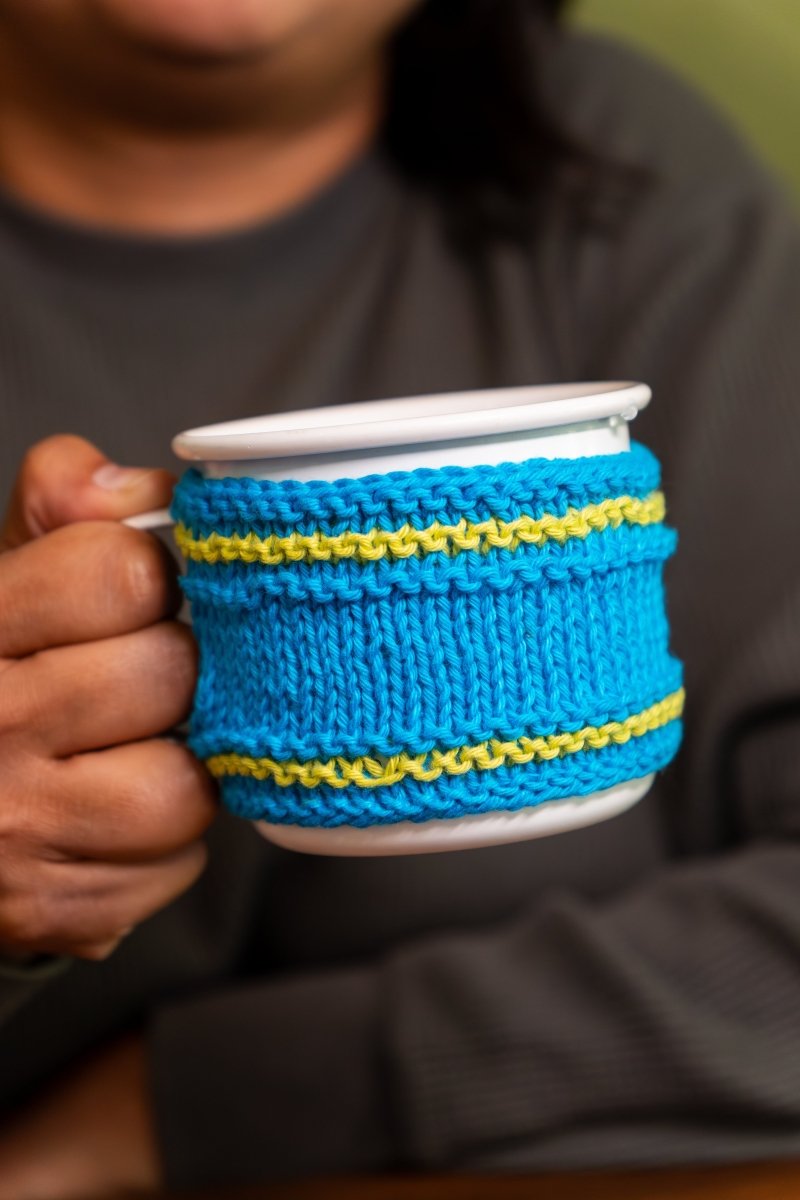 Cotton Mug Warmer – Reusable, Eco - Friendly & Handcrafted – Beverage Accessories by Naram available on Brown Living™. Blue Yellow . SKU: MWC - 02. Img 6.