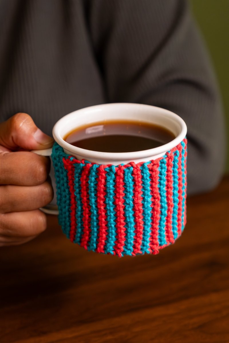 Cotton Mug Warmer – Reusable, Eco - Friendly & Handcrafted – Beverage Accessories by Naram available on Brown Living™. Blue Red . SKU: MWC - 03. Img 8.